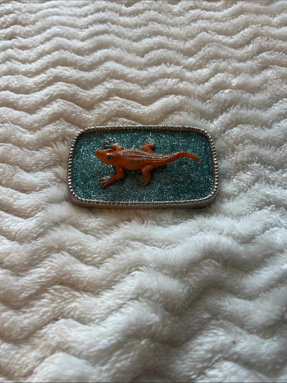Orange Lizard Reptile Alligator belt buckle with Teal Glitter Accent